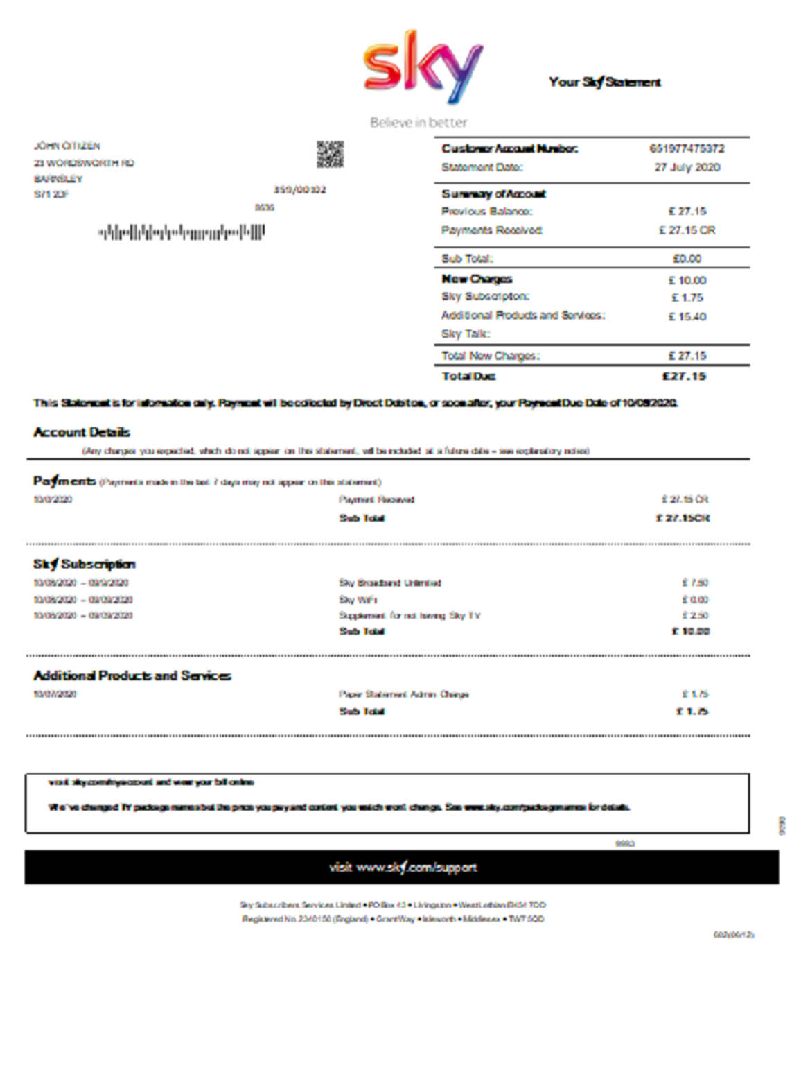 United Kingdom Sky utility bill