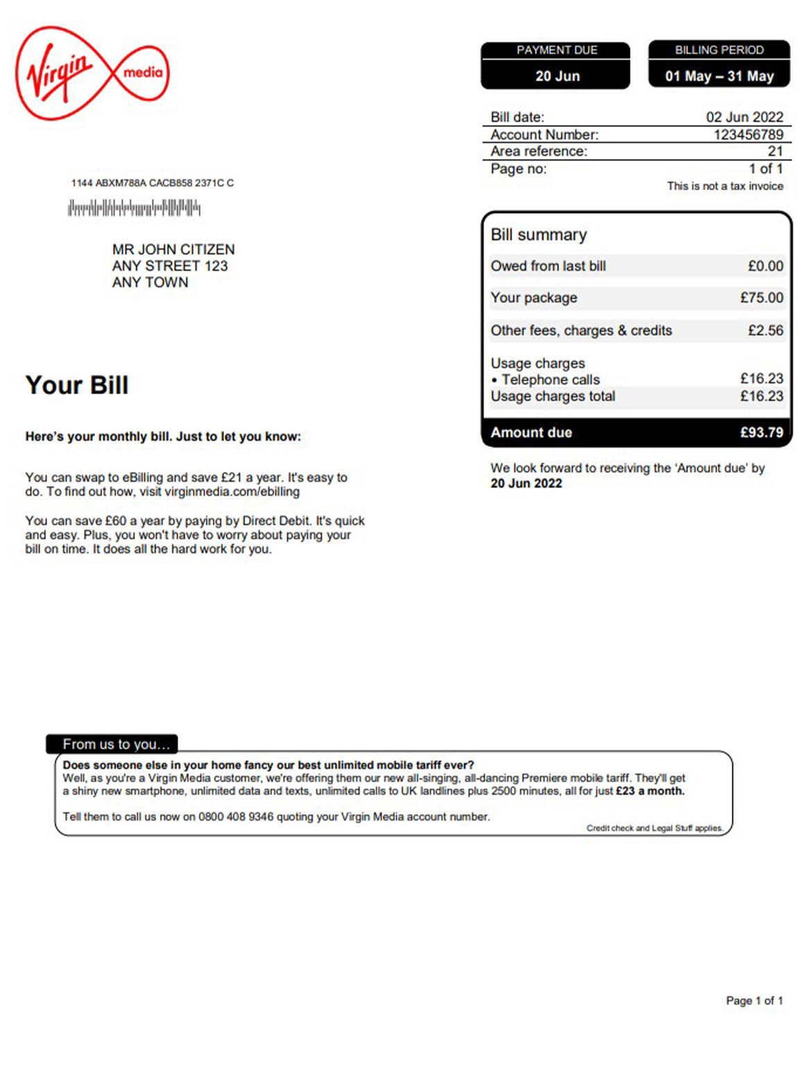 United Kingdom Virgin media utility bill