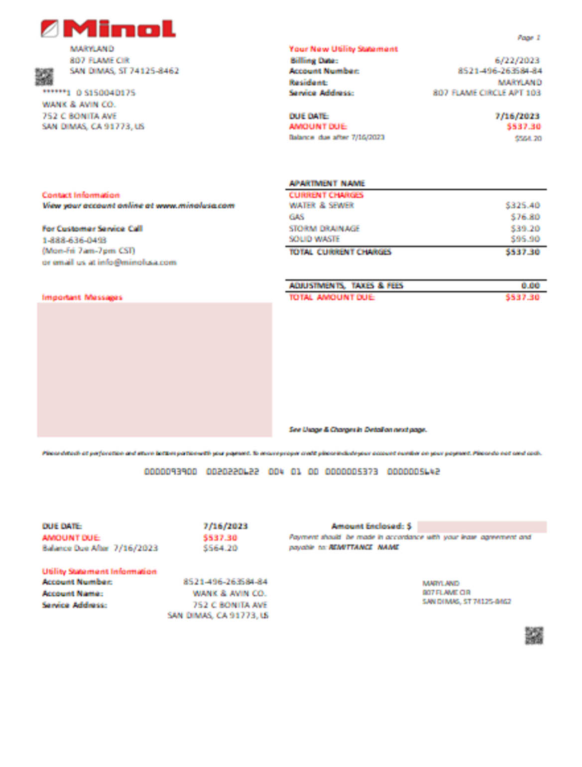  Minol USA business utility bill 