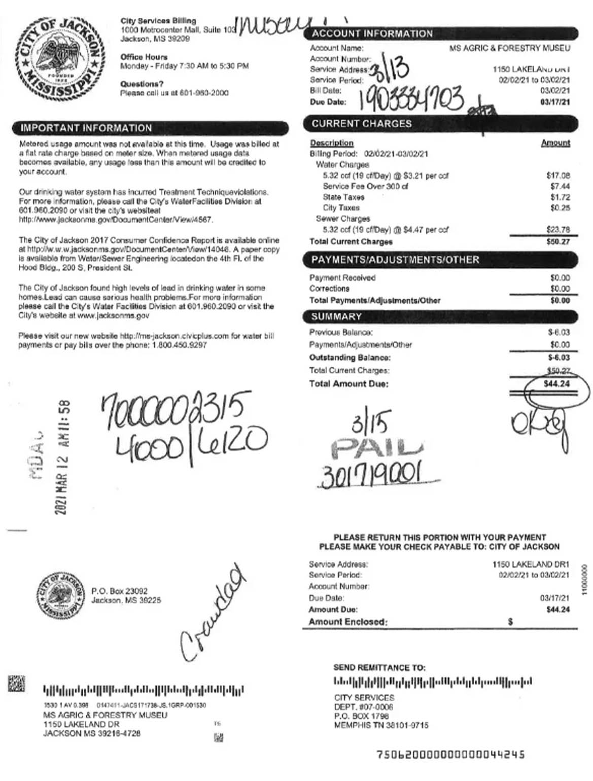 USA city of Jackson utility bill