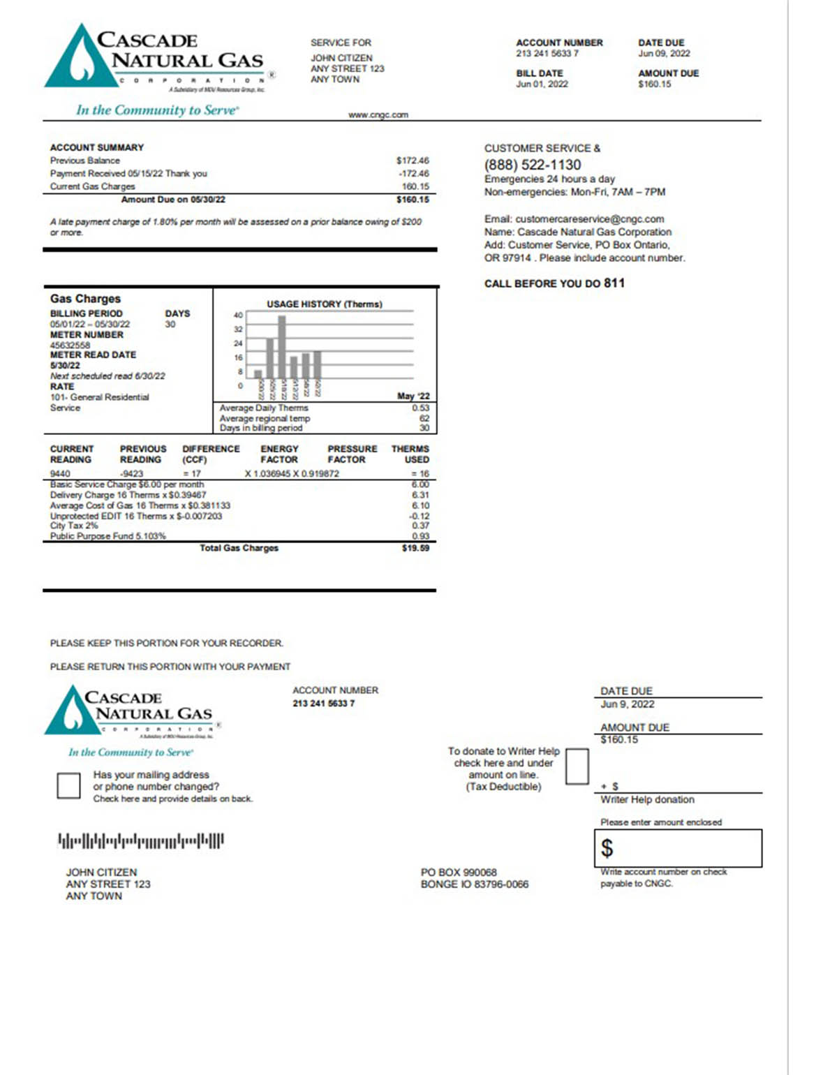USA cascade natural gas utility bill