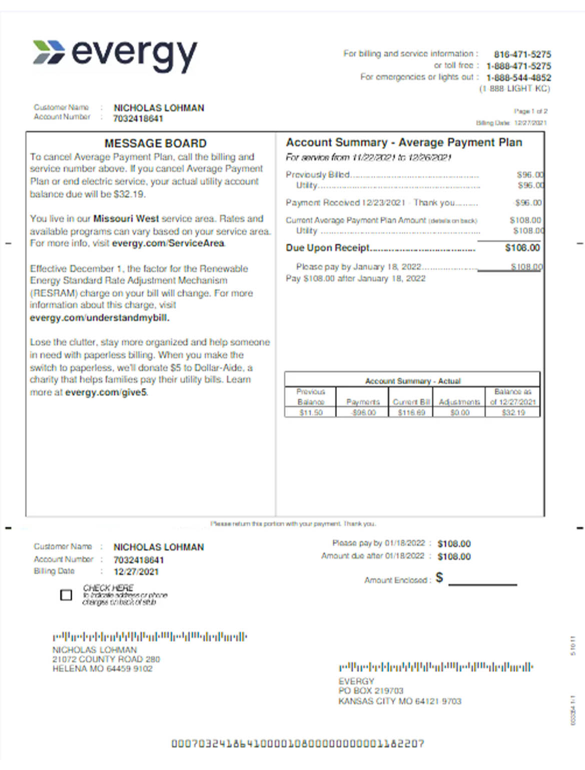 USA Evergy utility bill