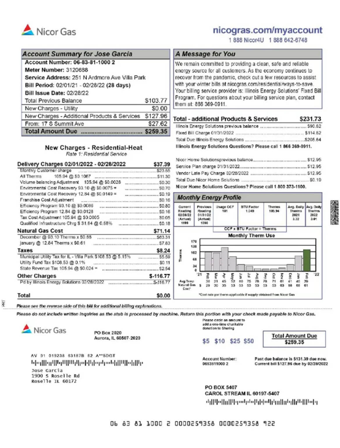 USA Nicor gas utility bill