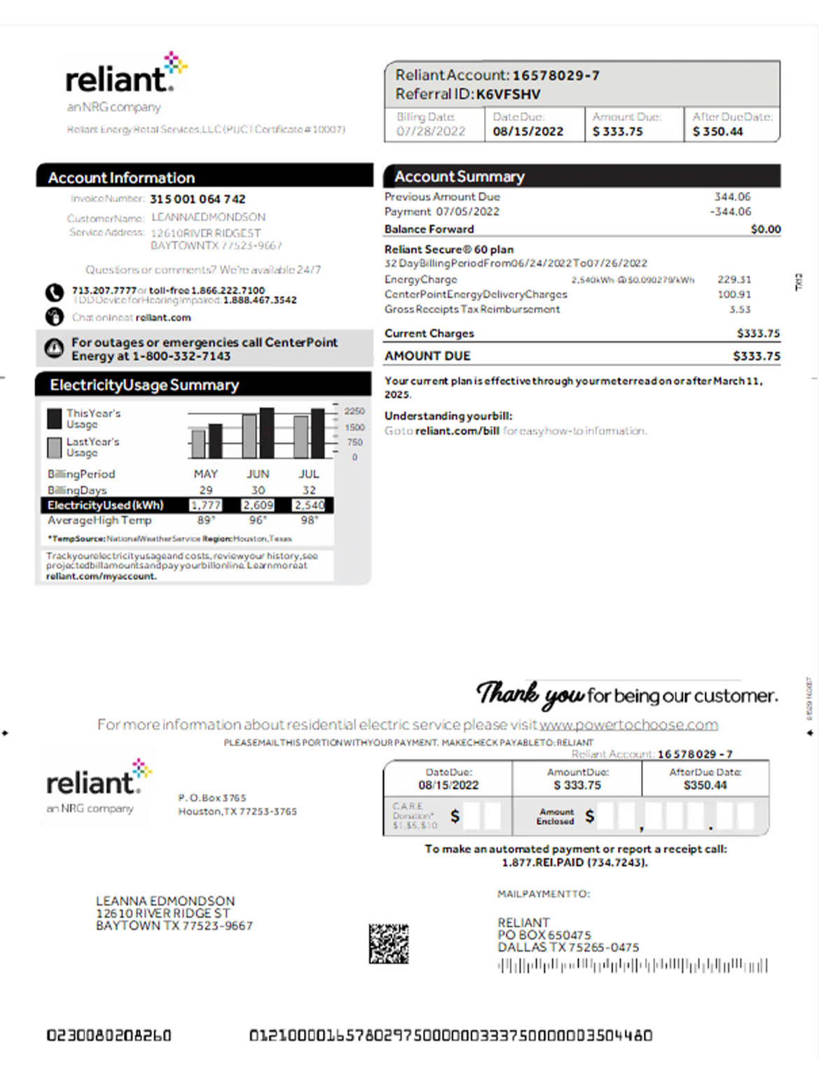 USA Reliant utility bill