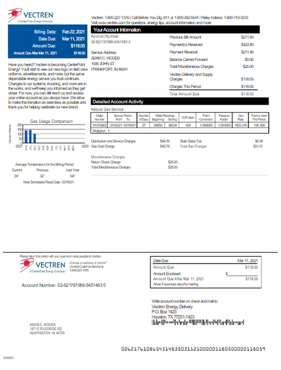 USA Vectren utility bill