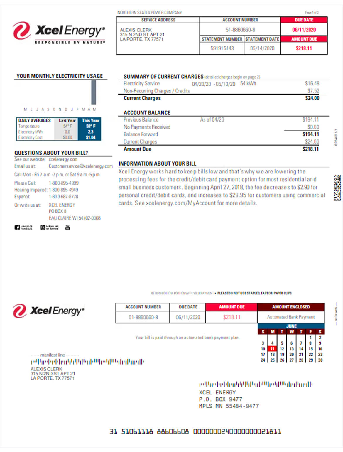 USA XCEL energy utility bill