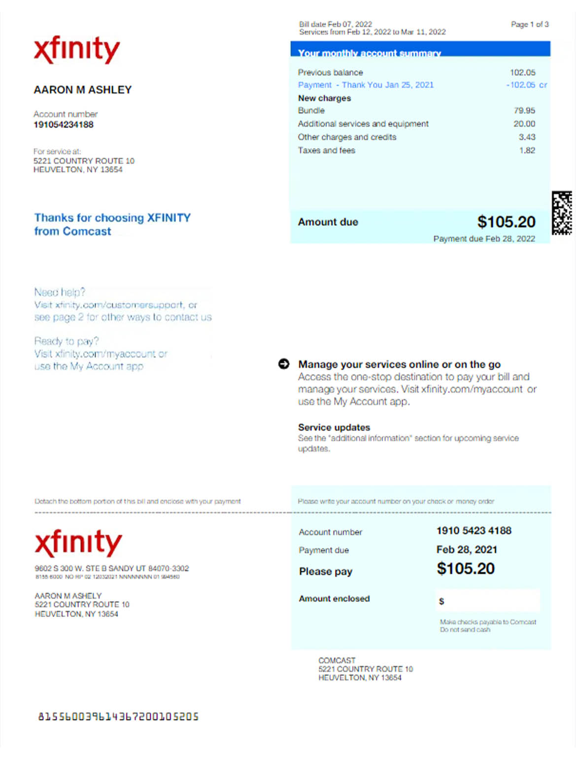 USA xfinity utility bill