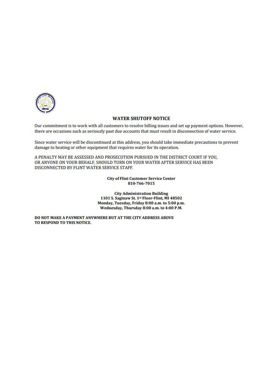 USA city of flint Michigan water utility bill