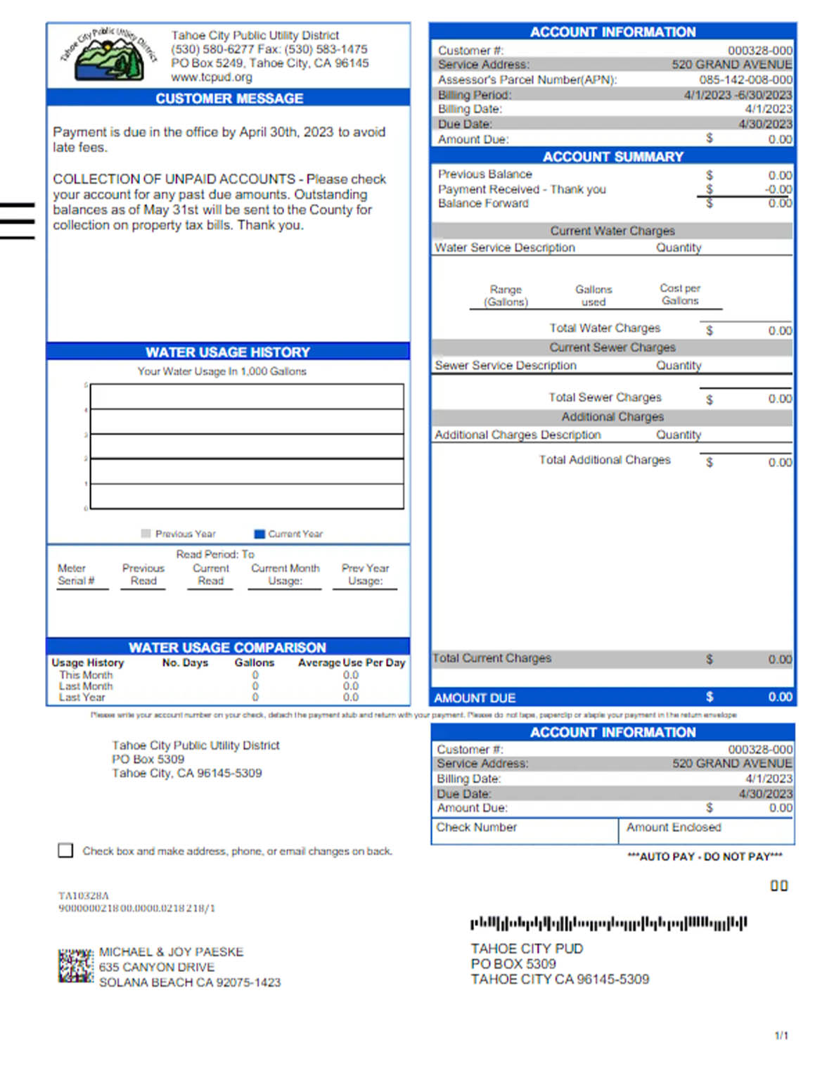 USA Tahoe city public utility bill