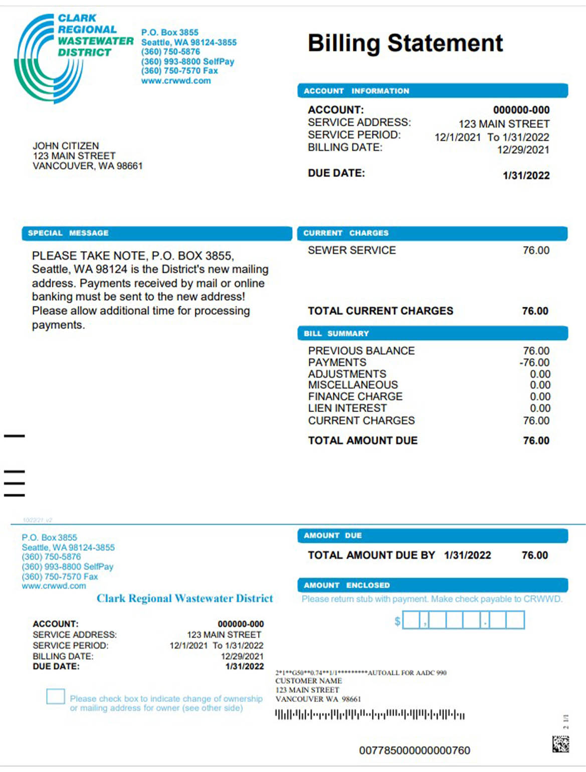 USA Washington Clark Regional Wastewater District utility bill